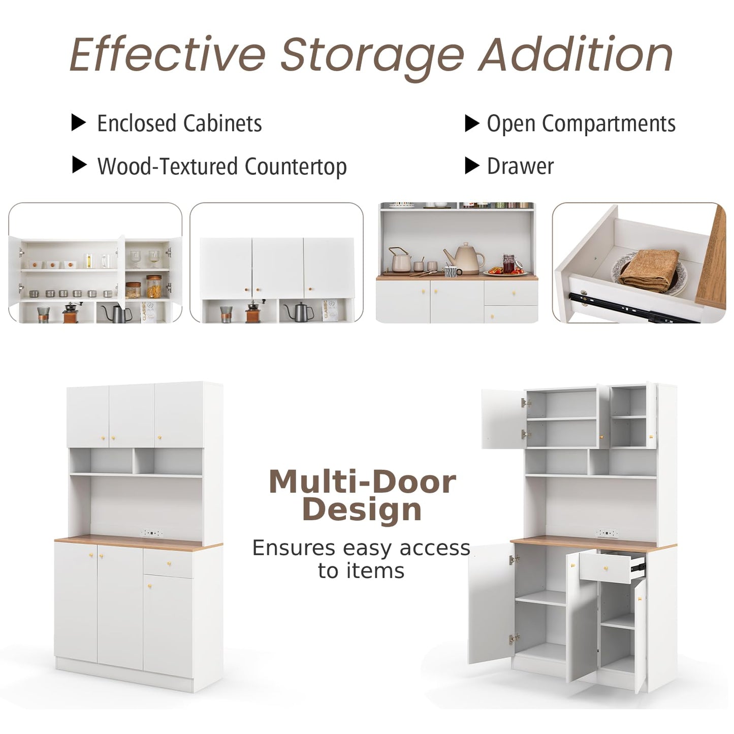 GiantexUK 180CM Kitchen Cupboard, Wooden Storage Cabinet with Outlets, 2 USB Ports, Adjustable Shelves