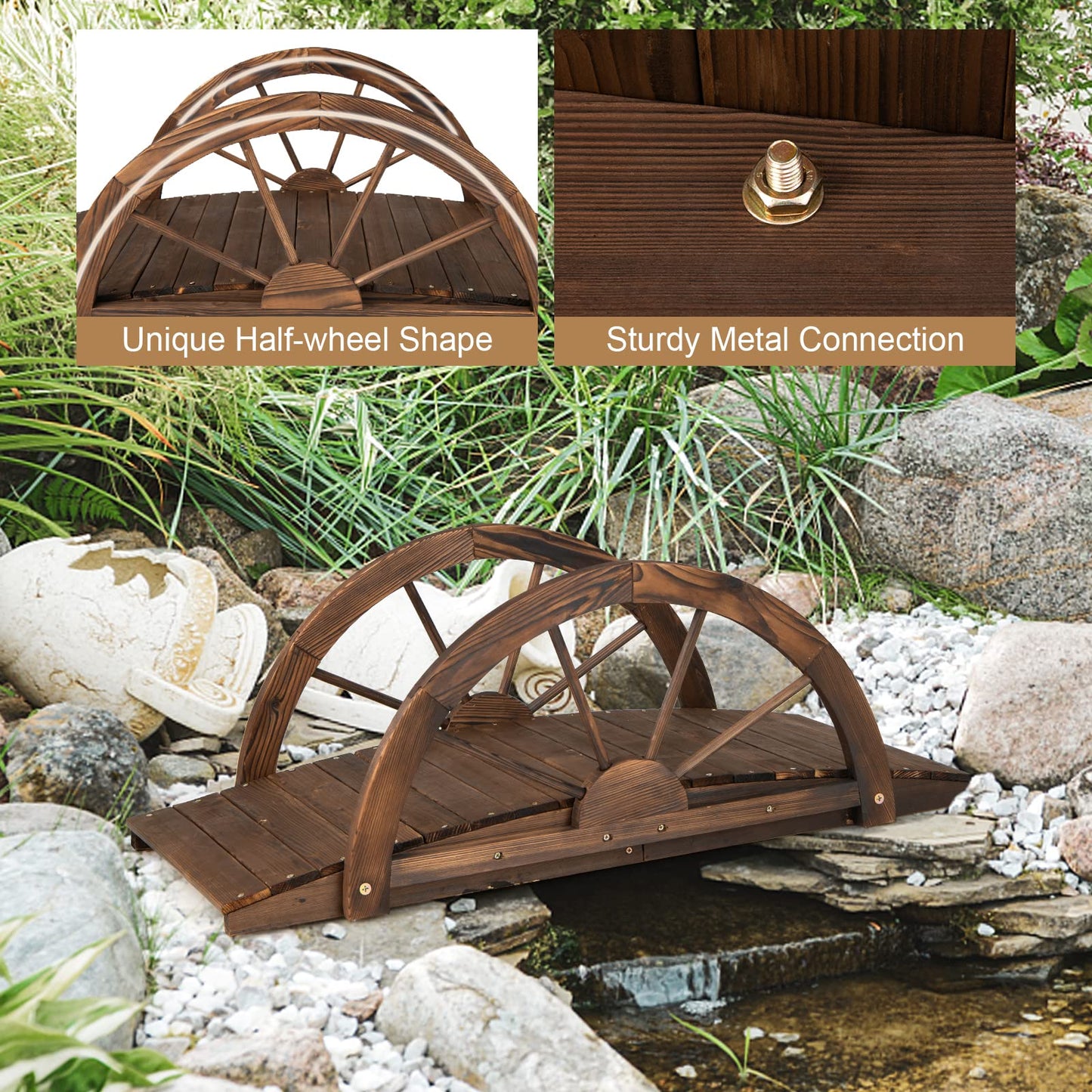 GiantexUK Wooden Garden Bridge, Decorative Arc Footbridge with Half Wheeled Railings, Outdoor Bridge Walkway for Ponds Streams Borders