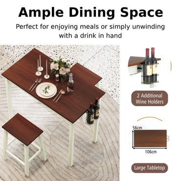 GiantexUK 3-Piece Bar Table Set, Space-Saving Dining Room Table and Chairs with Footrest, (with Wine Holders, Flat Seat)