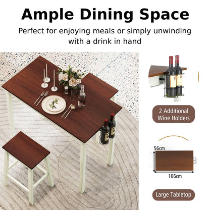 GiantexUK 3-Piece Bar Table Set, Space-Saving Dining Room Table and Chairs with Footrest, (with Wine Holders, Flat Seat)