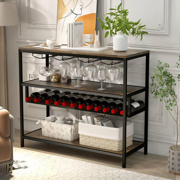 GiantexUK 13 Bottles Wine Rack, 4-Tiers Freestanding Wine Bar Cabinet with Tabletop, Shelves & Glass Holders