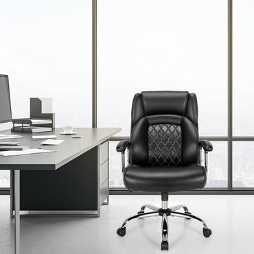 500LBS Big & Tall Executive Office Chair, Height Adjustable Leather Computer Desk Chair, Black+Silver