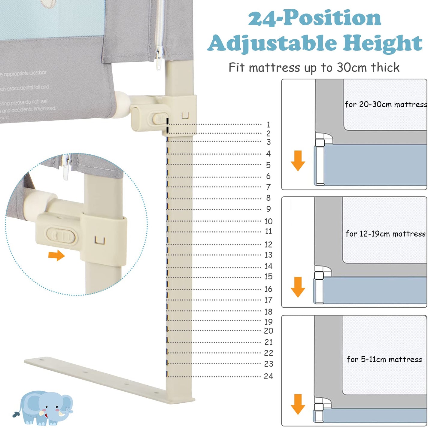 Bed Rail, Vertical Lifting Baby Beds Guard with Double Safety Lock & Adjustable Height, 175cm