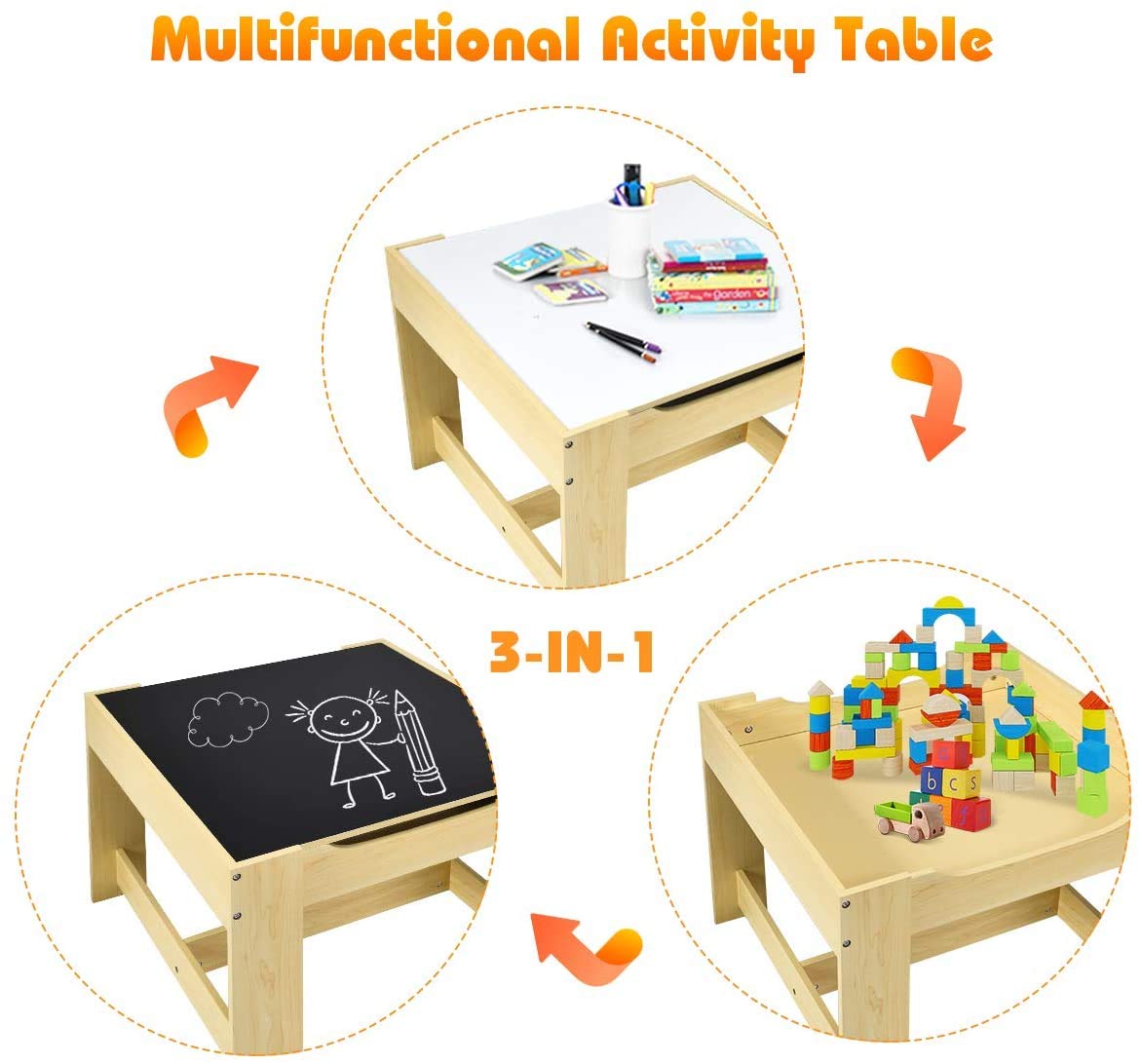 Kids Table Chair Set, Double Side Tabletop Table and 2Pcs Chairs with Storage Box