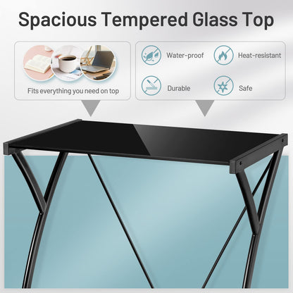 Computer Desk, Modern PC Laptop Table Writing Workstation with Tempered Glass Top, Z-Shaped