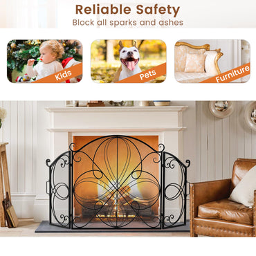 GiantexUK 3-Panel Folding Fire Guard, 151 x 83cm Heavy Duty Metal Mesh Fireplace Screen