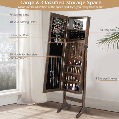 Jewelry Cabinet, Floor Standing Lockable Jewelry Armoire with Full Length Mirror