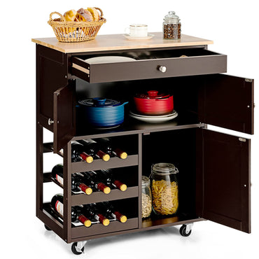 GiantexUK Kitchen Storage Trolley on Wheels, Rolling Serving Island Cart with Drawer and Wine Racks