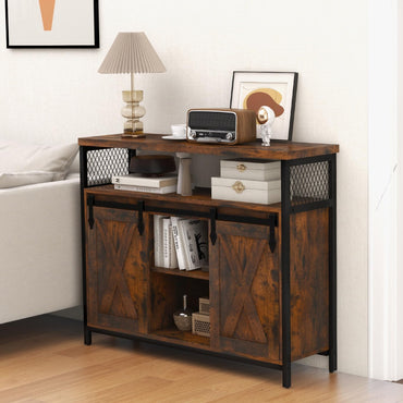 GiantexUK Industrial Buffet Sideboard, Wooden Storage Cabinet with 2 Sliding Barn Doors