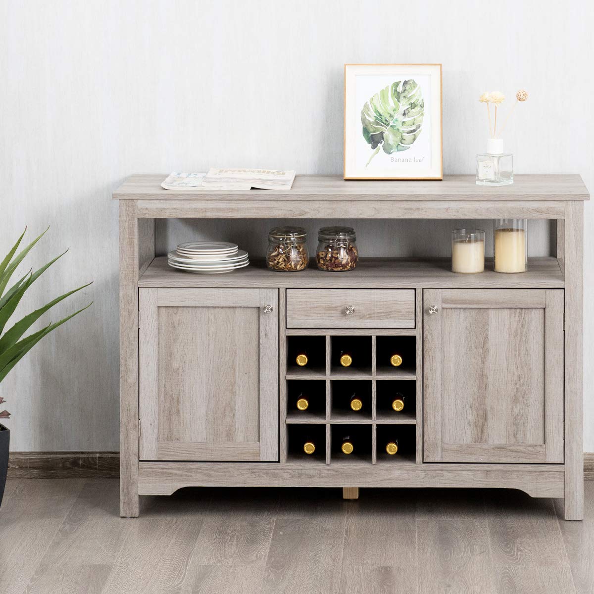 GiantexUK Wooden Buffet Sideboard, 2 Doors Kitchen Cupboard Cabinet with 9-Bottle Wine Rack