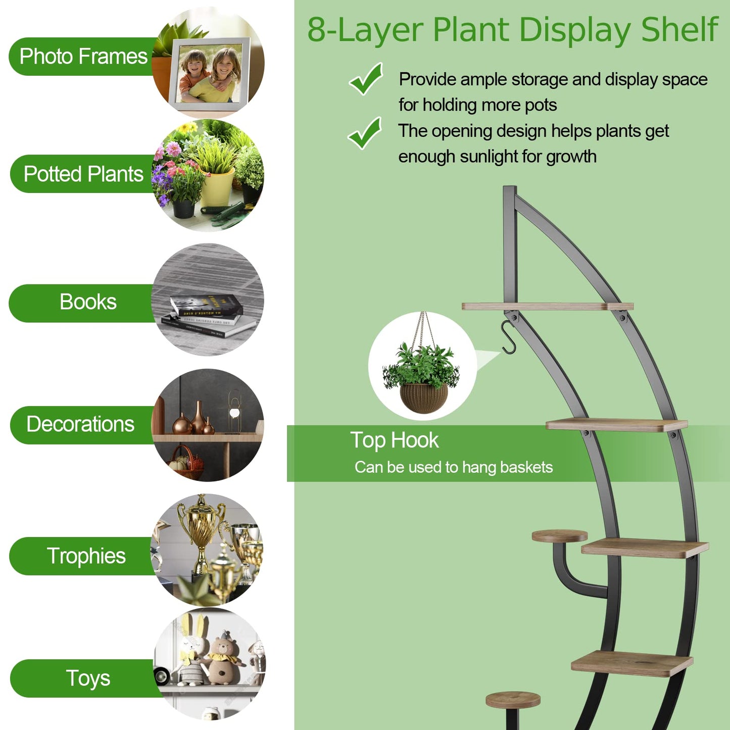 GiantexUK 8-Tier Plant Stand, Metal Garden Flower Pot Holder Display Rack with Top Hook and Anti-Toppling Device