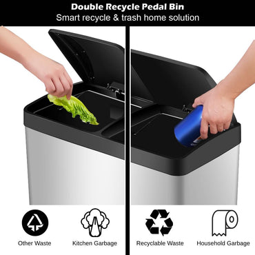 GiantexUK 60L Recycling Pedal Bin, 2x30L Stainless Steel Kitchen Trash Can with 2 Detachable Inner Buckets & Handles