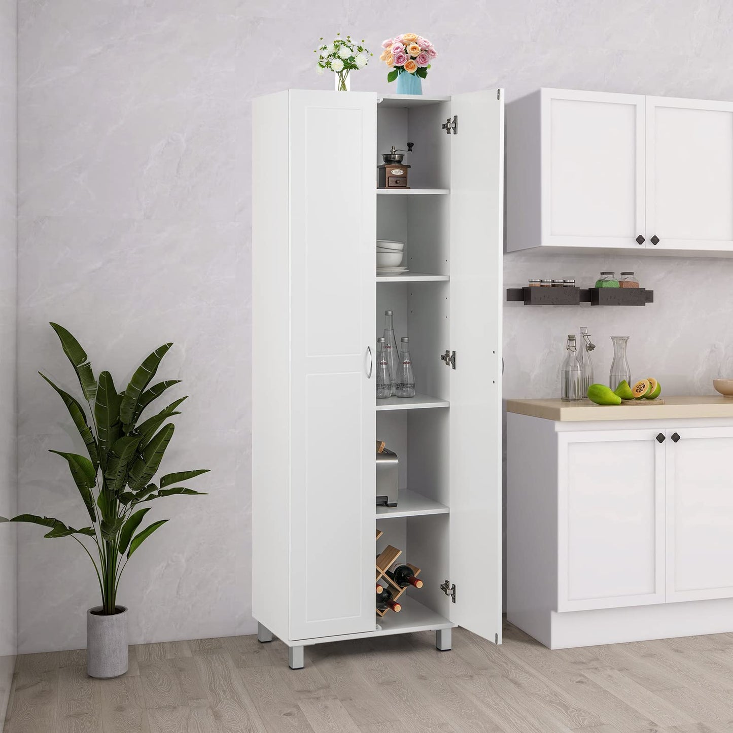 GiantexUK 187cm Tall Kitchen Cupboard, 2 Doors Freestanding Storage Cabinet with Adjustable Shelf & Raised Legs