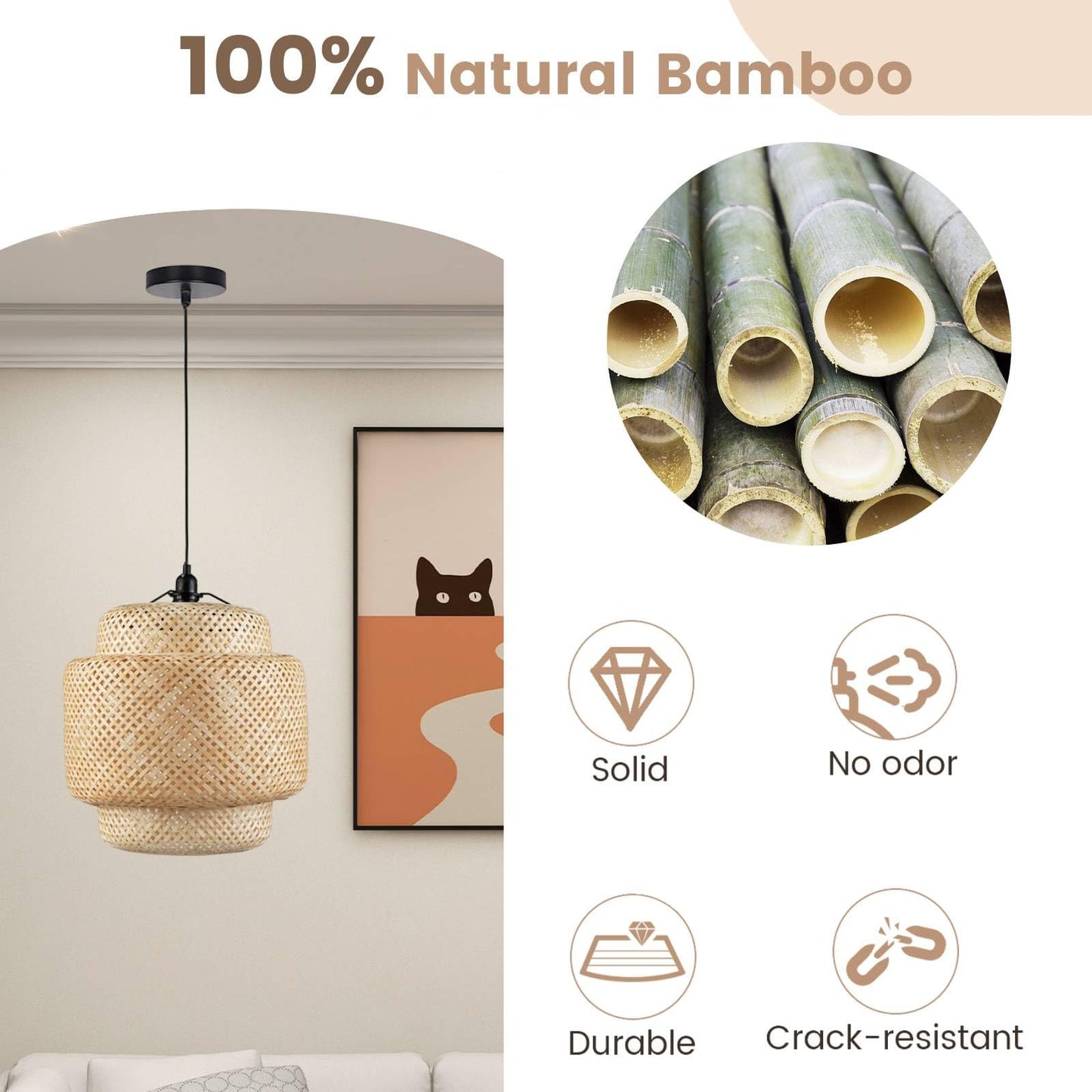 GiantexUK Bamboo Pendant Light, Height Adjustable Ceiling Fitting Light Fixtures with E27 Bulbs Holder & Handwoven Lampshade