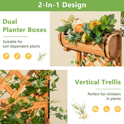 GiantexUK Double Barrel Garden Planter with Trellis, Fir Wood Raised Garden Bed Stand