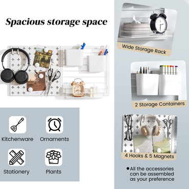 GiantexUK Pegboard Combination Kit, Metal Pegboard Wall Organiser with Shelf, 2 Containers, 4 Hooks & 5 Magnets