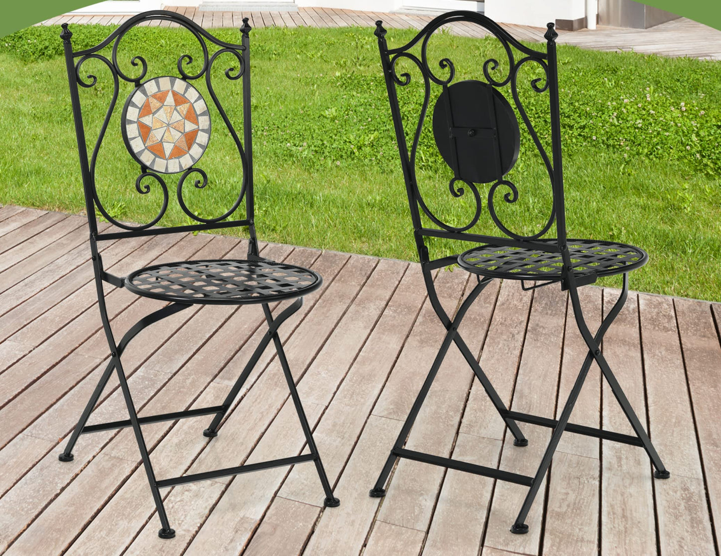 GiantexUK Folding Mosaic Chairs, Set of 2 Metal Round Bistro Garden Chairs, Patio Furniture Seats for Patio, Yard & Balcony, Seat Height 47 cm