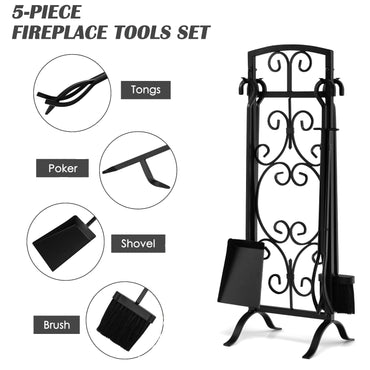 GiantexUK 30"/76cm 5-Piece Fireplace Companion Set, Wrought Iron Fire Place Tools Set with Stand, Tong, Shovel, Brush & Poker