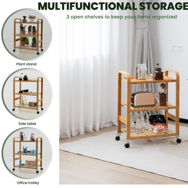 GiantexUK 3/4-Tier Rolling Cart, Multi-Function Bamboo Storage Trolley with Removable Wheels(3 Tier, 58 x 33 x 76cm)