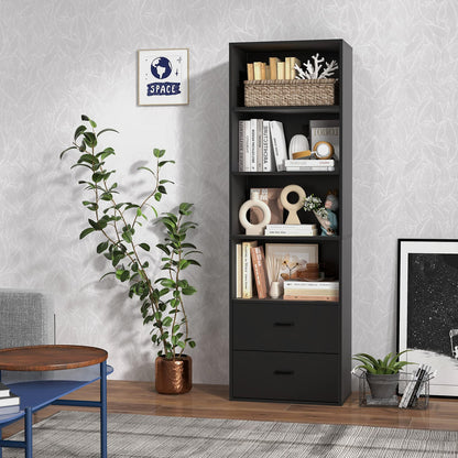 188cm Tall Bookcase, 6-Tier Wooden Bookshelf Storage Cabinet with 4 Open Shelves and 2 Drawers