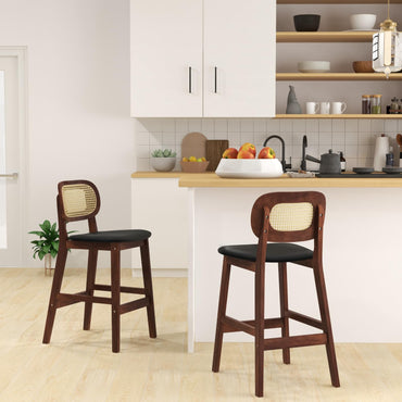 GiantexUK Bar Stools Set of 2, PU Leather Kitchen Barstools with PE Rattan Backrest, Footrests & Non-Slip Foot Pads