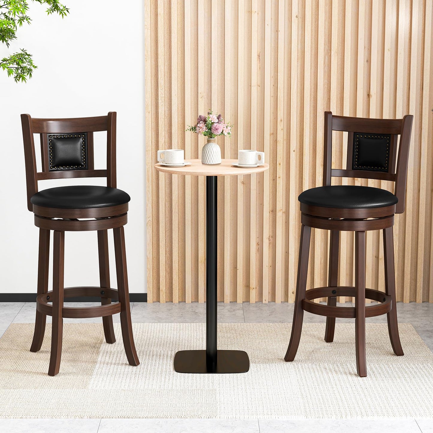 GiantexUK Bar Stools Set of 2, Swivel Upholstered Barstools with PVC Cover Seat, Curved Backrest & Footrest (46 x 50 x 110cm)