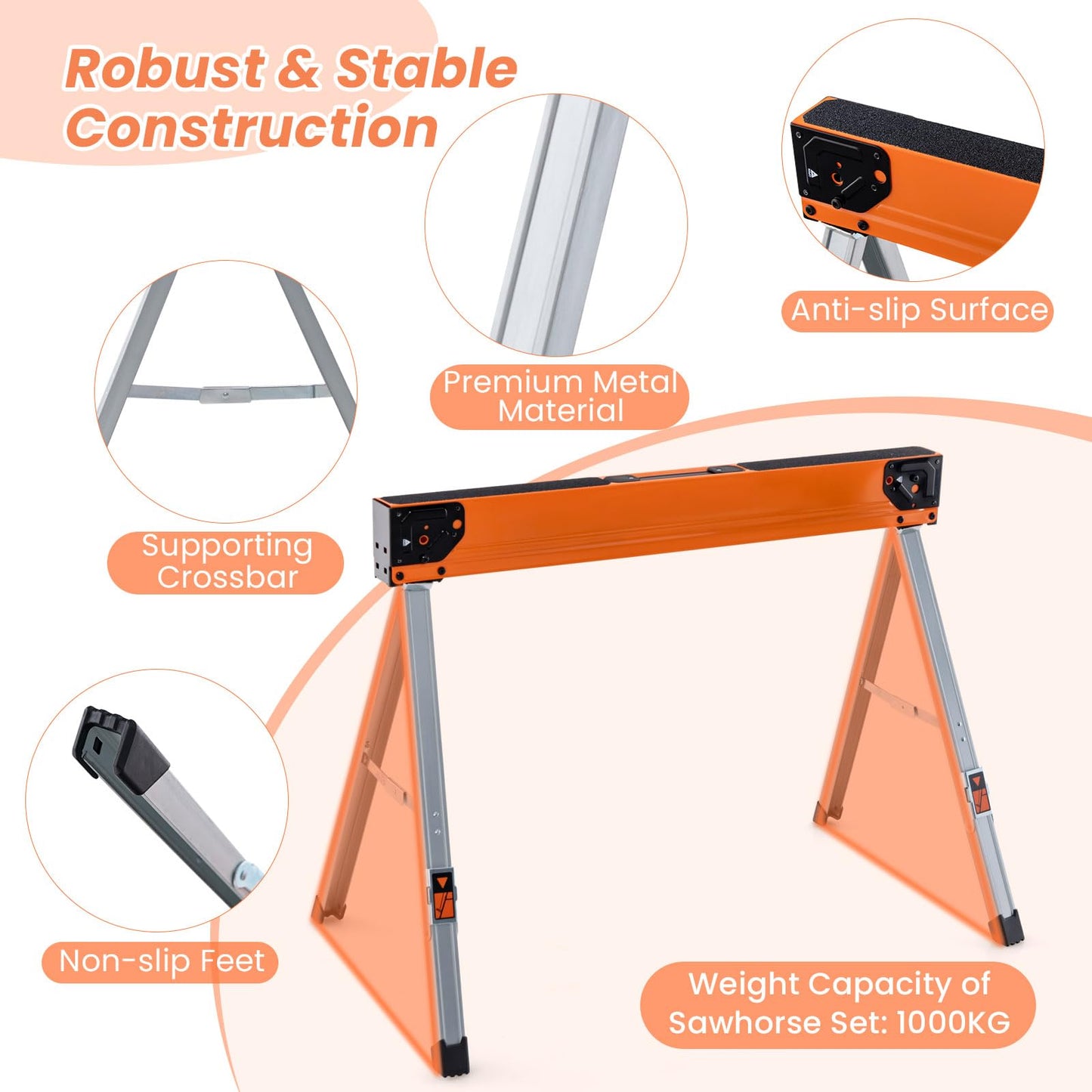 GiantexUK 2PCS Folding Sawhorses, 1000KG Twin Pack Workbench with Support Arms