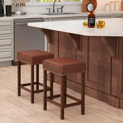 GiantexUK Bar Stools Set of 2, PU Leather Kitchen Saddle Stools with Rubber Wood Legs,44x33x60cm