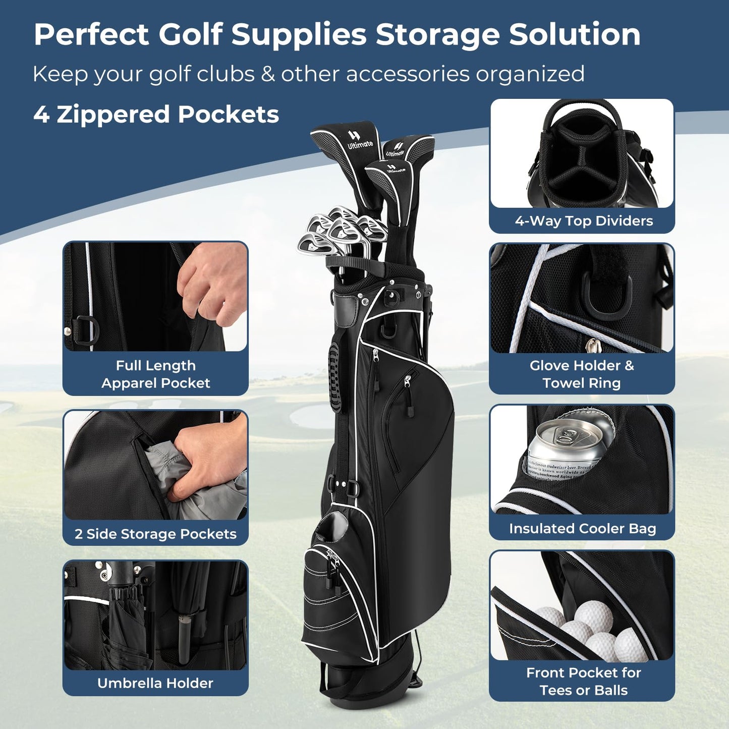 Golf Stand Bag, Lightweight Golf Cart Bags with 4 Way Dividers, Adjustable Dual Straps and 4 Pockets, Easy Carry