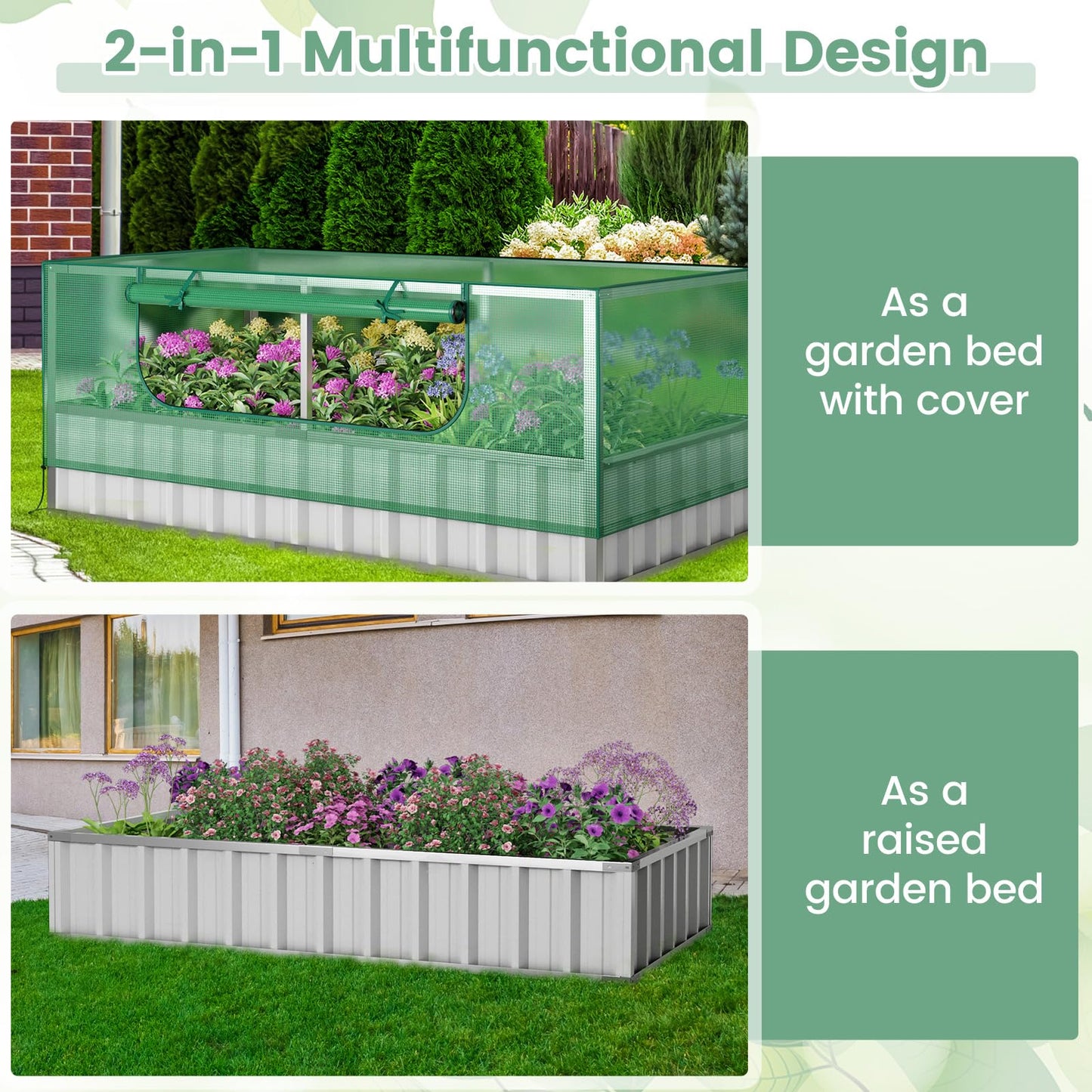 GiantexUK Raised Garden Bed with Greenhouse, 2-in-1 Galvanized Metal Rectangular Planter Box with PE Cover & Roll-up Zipper Window