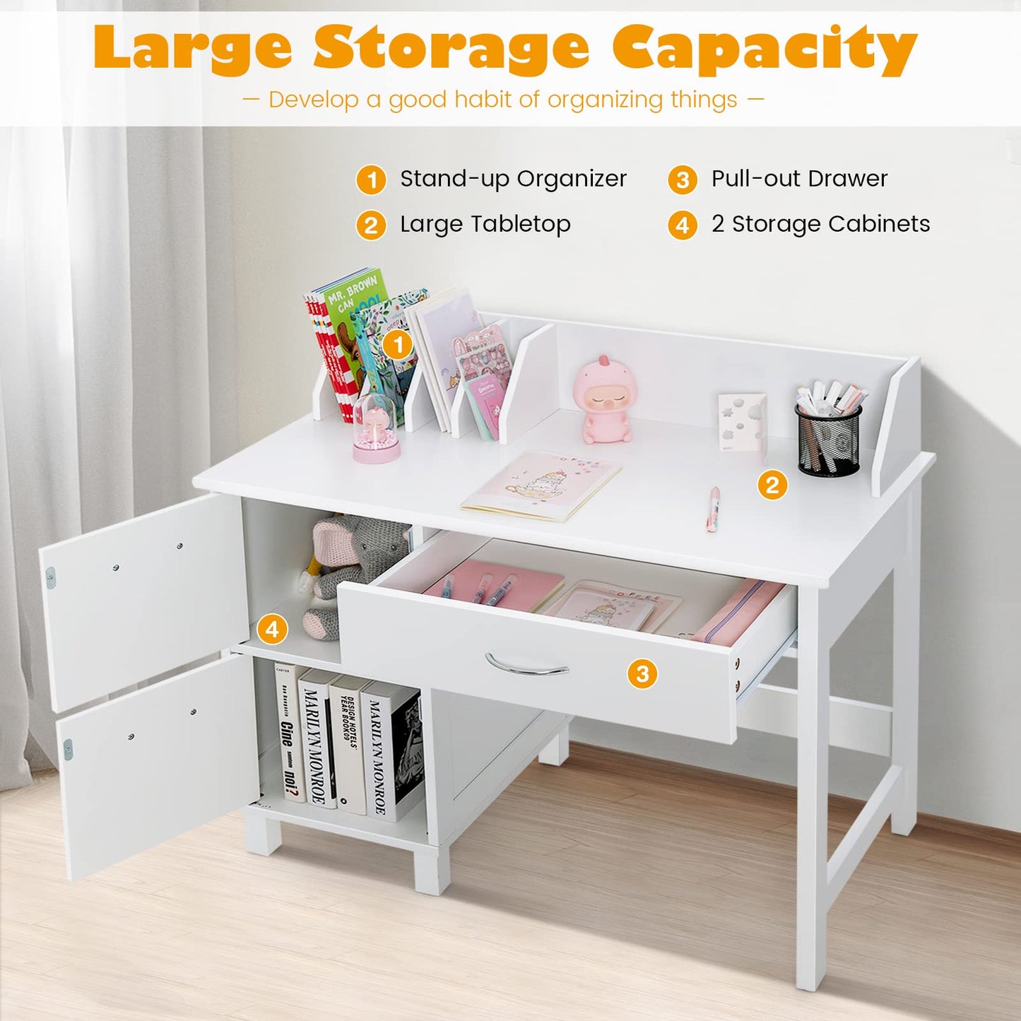 Kids Desk and Chair Set, Wooden Student Study Table with Drawer, Storage Cabinets & Tabletop Bookshelf(White)