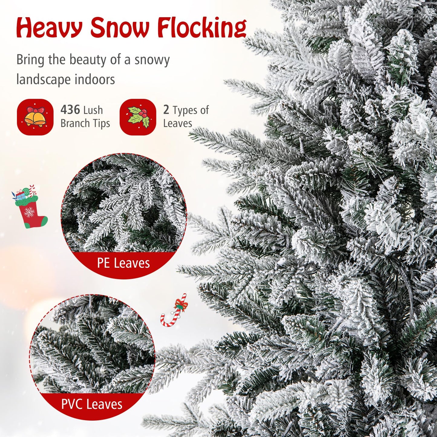 4.5FT/6FT Pre-lit Artificial Christmas Tree, Snow Flocked Full Xmas Tree with PVC & PE Tips