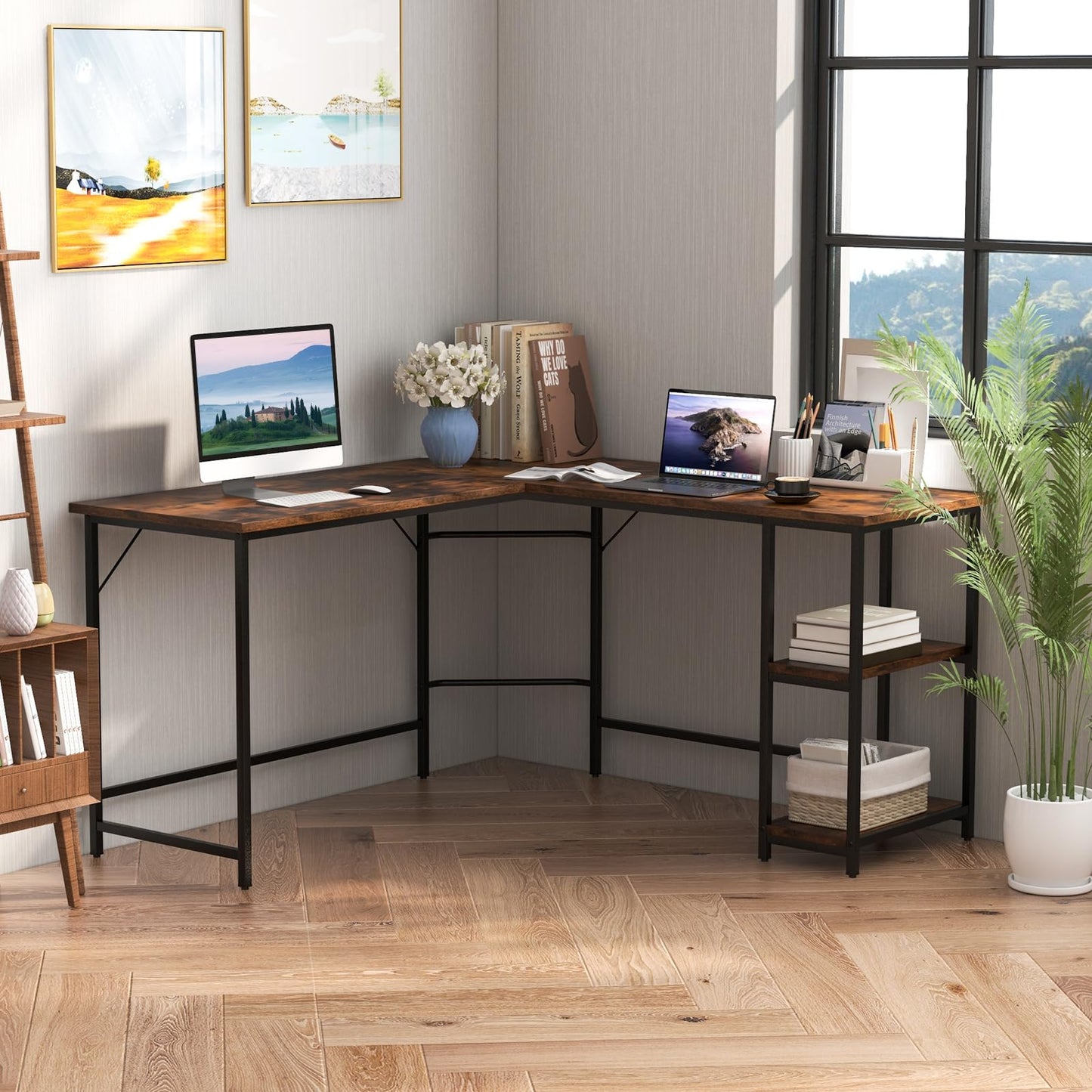 L-shaped Computer Desk, Steel Frame Office Desk Corner Writing Desk with Storage Shelves