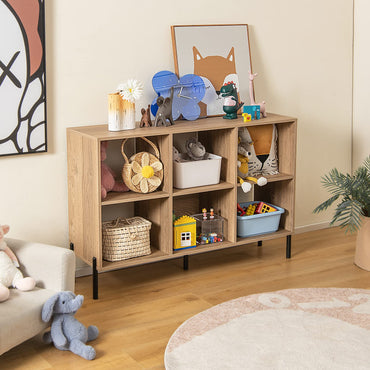 6 Cube Storage Bookcase, Wooden Freestanding Bookshelf Side Cabinet with Adjustable Shelves and 5 Metal Legs, 120x35x78cm