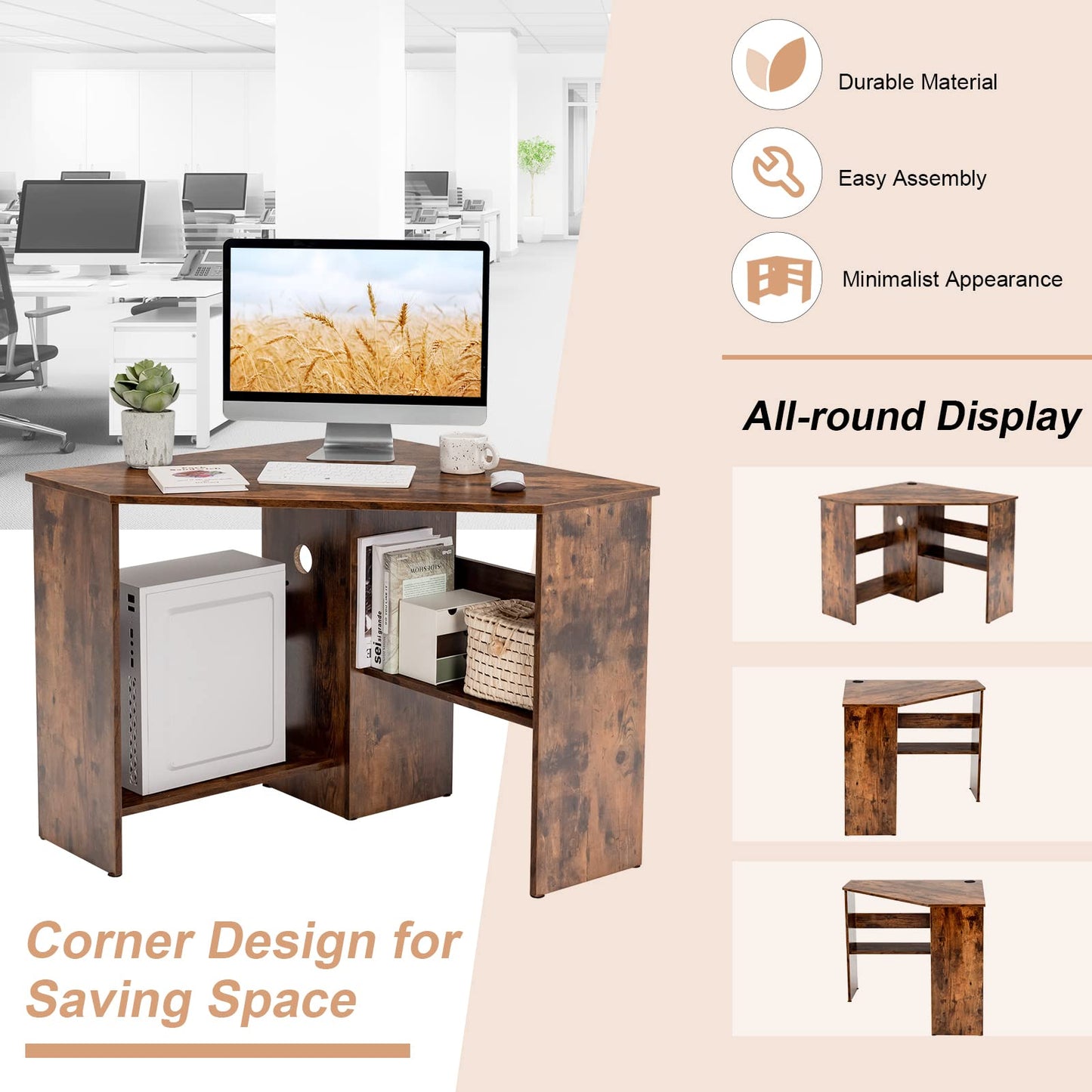 Corner Computer Desk, Triangle Study Desk Writing Workstation with Open Shelves and Cable Management Holes