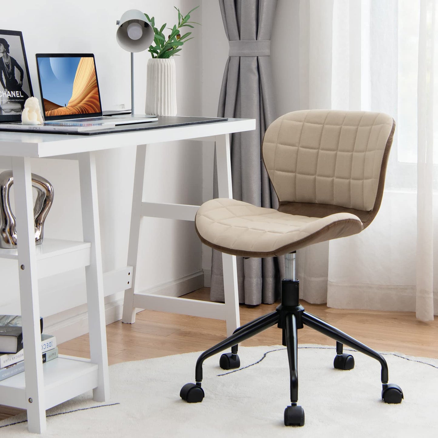 Swivel Office Chair, Ergonomic Height Adjustable Computer Desk Chairs with Wheels, Linen Fabric PU Leather