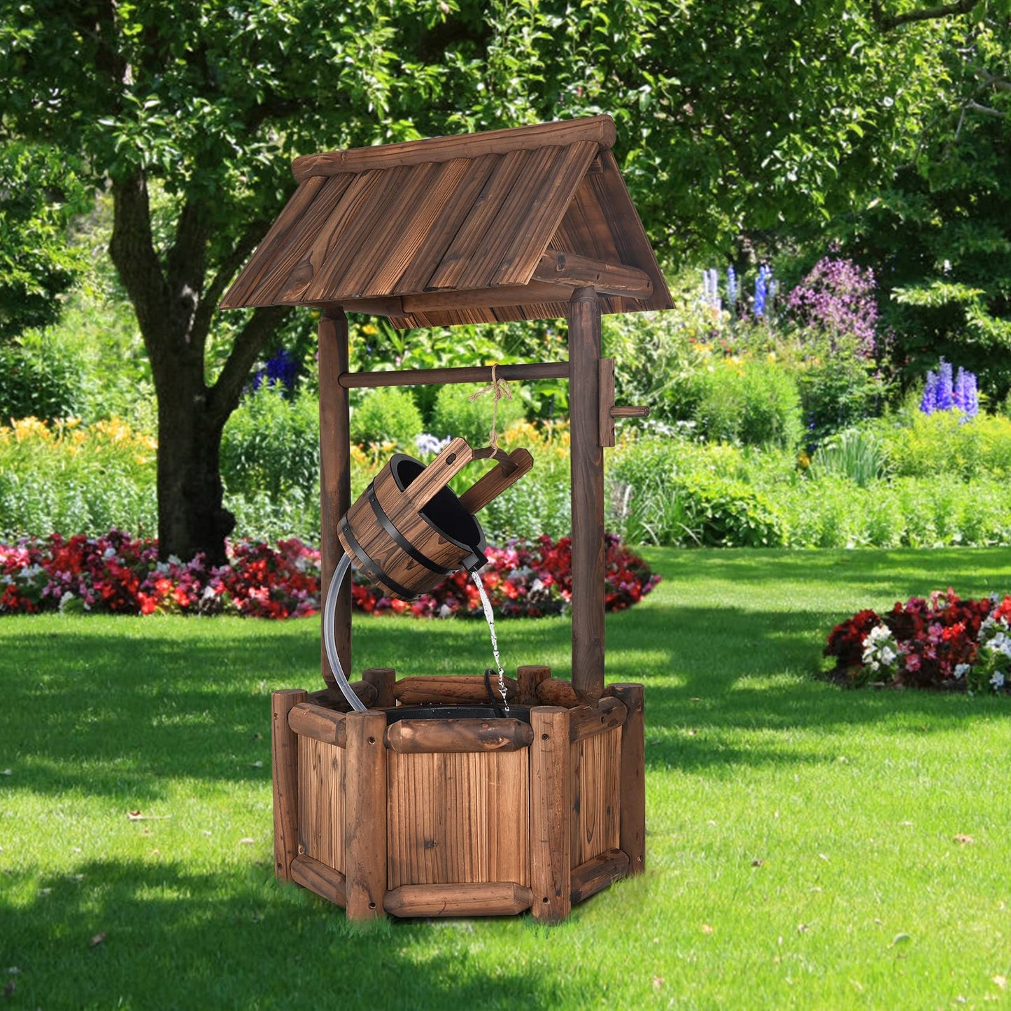 GiantexUK Wooden Barrel Well Fountain, Garden Wishing Well with Pump