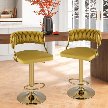 GiantexUK Bar Stools Set of 2, 360° Swivel Height Adjustable Barstools with Woven Back, Footrest, Gas Lift & Anti-Slip Ring