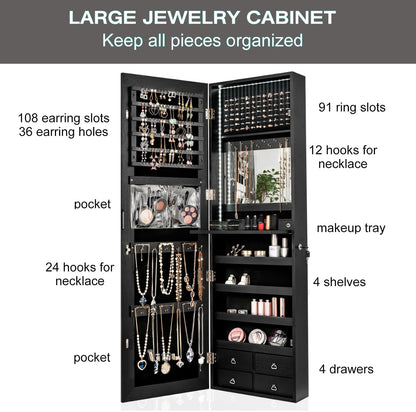 LED Lights Jewelry Cabinet, 2-In-1 Wall-mounted/Door Hanging Makeup Storage Armoire with Full Length Mirror