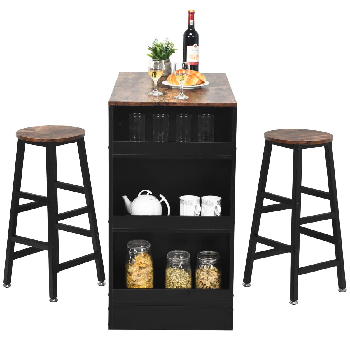 GiantexUK 3PCS Bar Table Set, Industrial Counter Height Dining Table and 2 Stools with 3-Tier Side Shelves