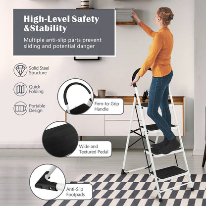 GiantexUK Folding 4 Step Ladder, Steel Stepladder with Anti-Slip Pedal & Reinforced Crossbar (4 Step, 90x46x136cm)