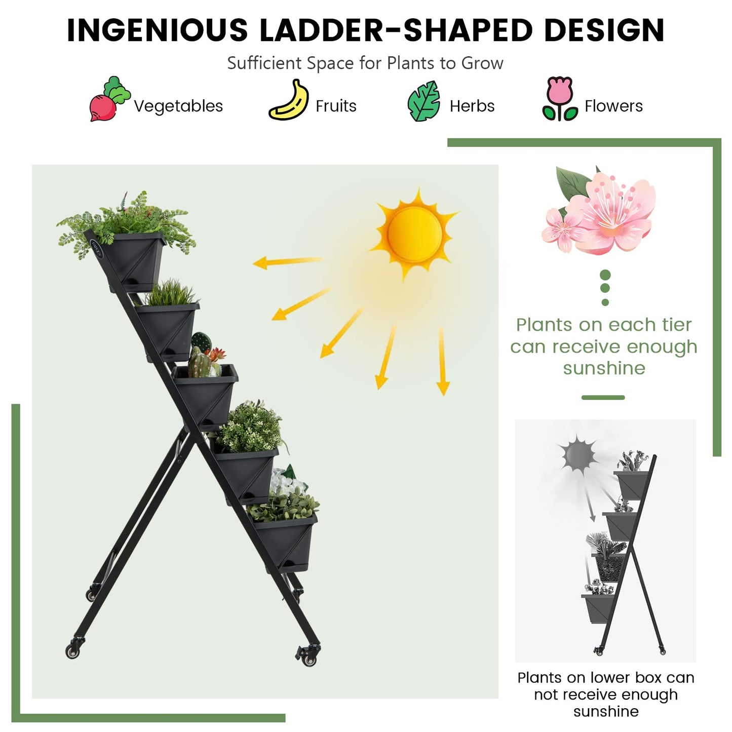 GiantexUK Raised Garden Bed, 5 Tier Vertical Ladder Planter with 5 Removable Trays, Wheels & Drain Holes (with Wheels, Black, 57 x 68 x 117cm)