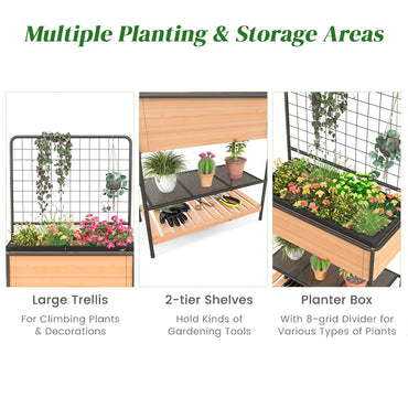 GiantexUK 3 Tier Raised Garden Bed with Trellis, Wooden Garden Planter Pox with Removable Grid Divider