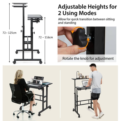 Height Adjustable Standing Desk, Mobile Laptop Table Computer Desk with Flip-over Desktop and Wheels