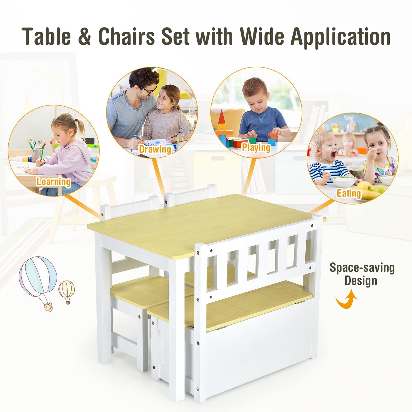 Kids Table & Chair Set, 4-Piece Children Furniture with Toy Storage Bench