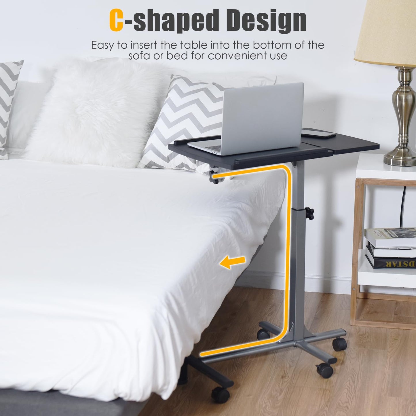 Mobile Laptop Table, Height Adjustable Overbed C-shaped Tray Table with Lockable Casters