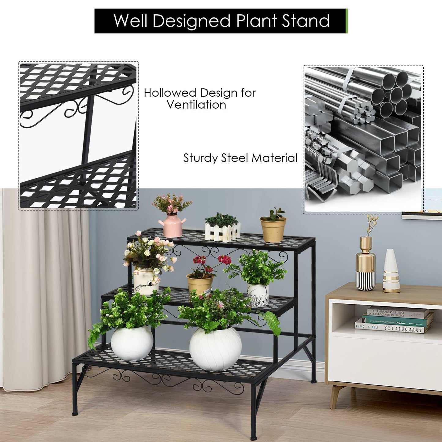 GiantexUK 3-Tier Metal Plant Stand, Ladder Shelf Flower Pot Holder (70 x 60 x 60cm)