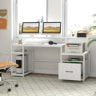 168CM Home Office Computer Desk, Wooden Study Table Writing Workstation with Monitor Stand