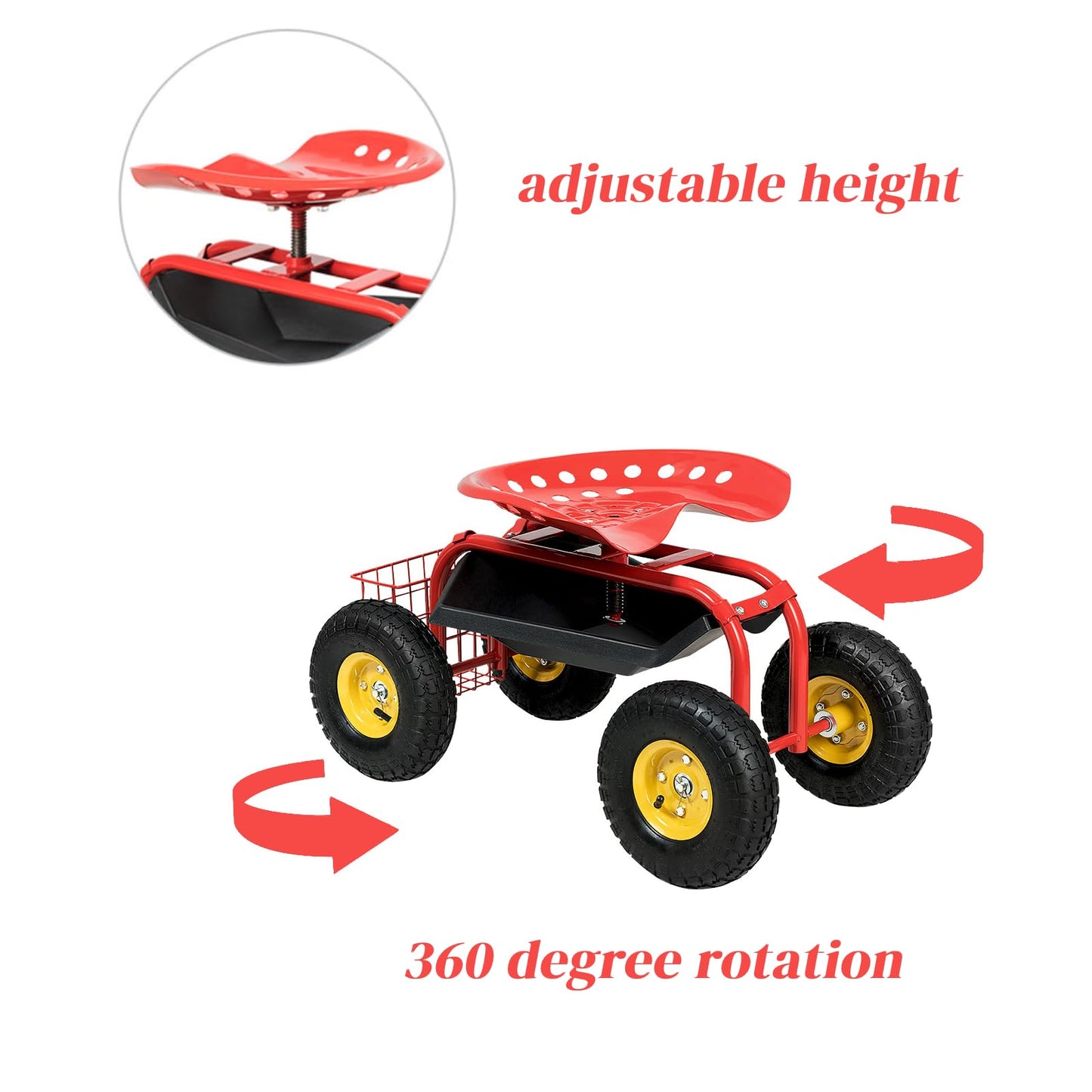 GiantexUK Adjustable Rolling Garden Cart, Outdoor Gardening Trolley Planting Station with Swivel Seat