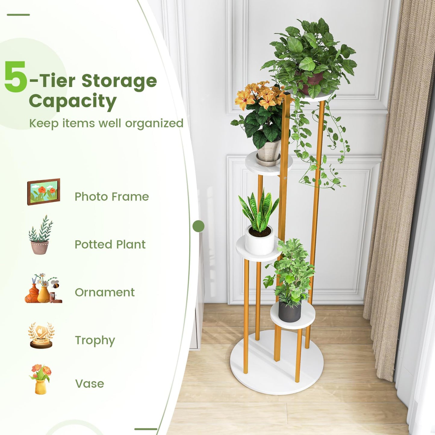 Tall Plant Stand, 5 Tiers Flower Rack with Foot Pads, Metal Display Pot Shelf Holder for Balcony Living Room Yard